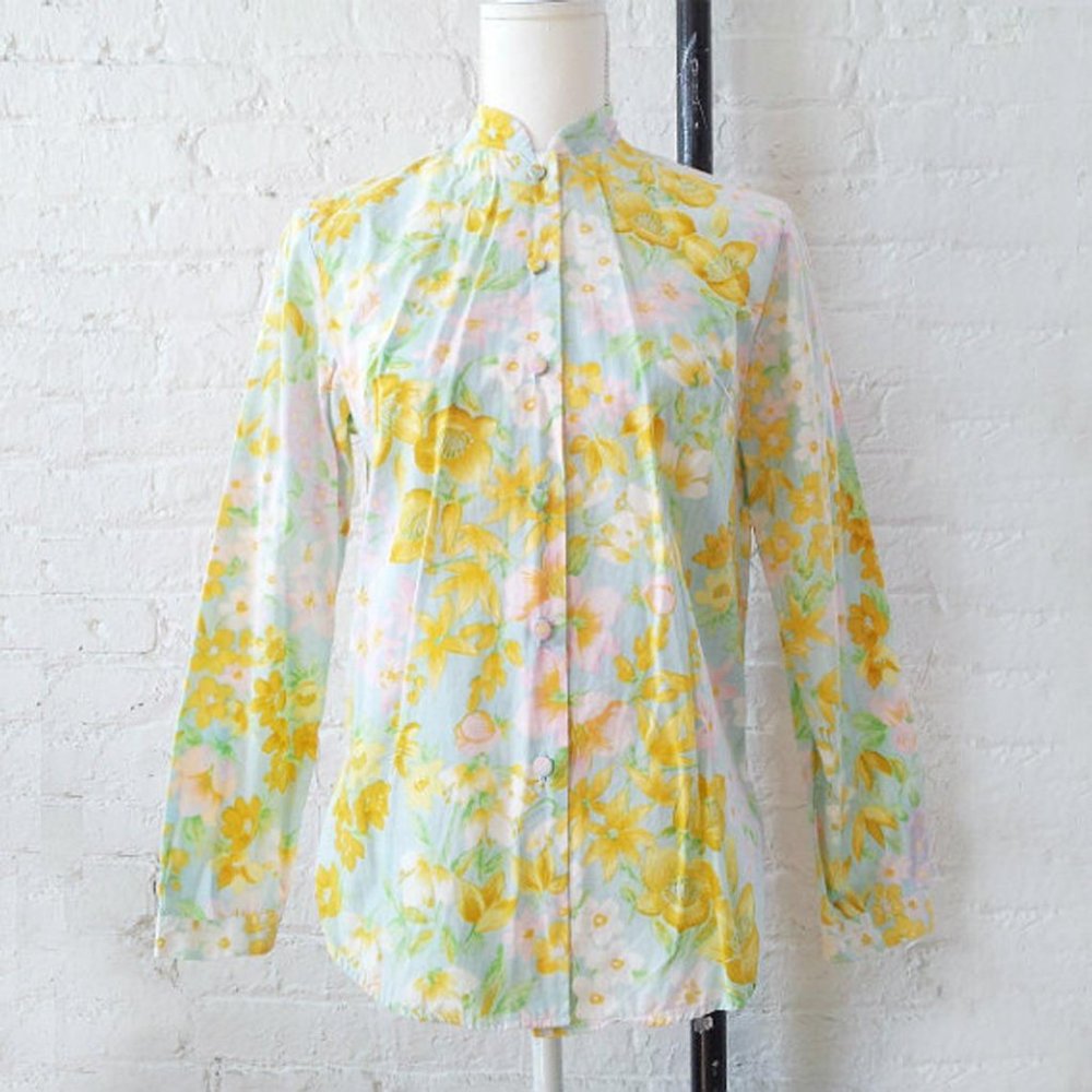 1960s Light Blue Cotton Floral Shirt